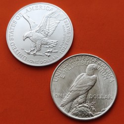 . 2 monedas SC x ESTADOS UNIDOS 1 DOLAR 1923 PEACE KM.150 + 1 DOLAR 2023 EAGLE PLATA Onza Oz USA $1 Dollar silver coin