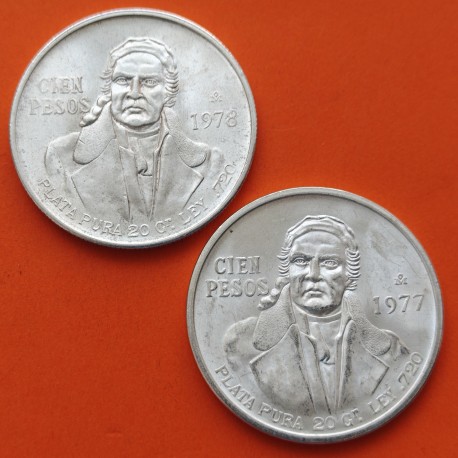. 2 monedas SC x MEXICO 100 PESOS 1977 + 1978 JOSE MORELOS KM.483.2 PLATA Habituales imperfecciones 0,92 ONZAS