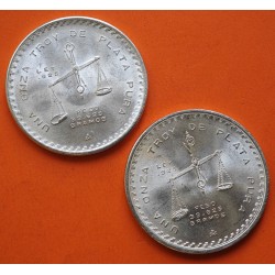 . 2 monedas SC x MEXICO 1 ONZA 1979 + 1980 BALANZA y PRENSA DE ACUÑAR KM.M49 PLATA + IMPERFECCIONES silver OZ TROY