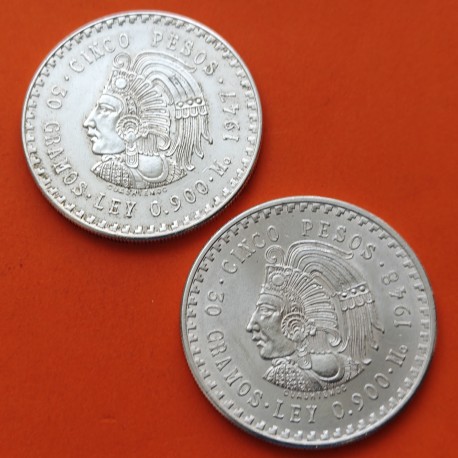 . 2 monedas x MEXICO 5 PESOS 1947 + 1948 INDIO CUAUHTEMOC KM.465 PLATA EBC- silver coin 1,75 ONZAS