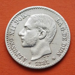 ESPAÑA Rey ALFONSO XII 50 CENTIMOS 1881 * 8/1 MSM REY y ESCUDO KM.685 MONEDA DE PLATA MBC+ Spain R/2