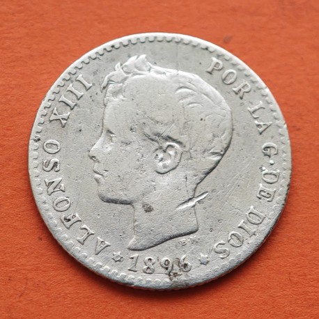 ESPAÑA Rey ALFONSO XIII 50 CENTIMOS 1896 * -/- PGV Tipo TUPE KM.705 MONEDA DE PLATA @RARA@ MUY CIRCULADA R/4