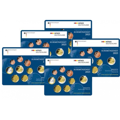 . 1 acoin ALEMANIA 5 CARTERAS EURO 2025 A+D+F+G+J BU SET 1+2+5+10+20+50 Centimos + 1€ + 2€ AGUILA + 2 EUROS 2025 Tirada 10.000