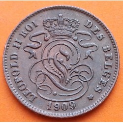 BELGICA 2 CENTIMOS 1909 LEÓN Leyenda DES BELGES Rey LEOPOLDO II KM.35.1 MONEDA DE COBRE MBC++ Belgium 2 Cents