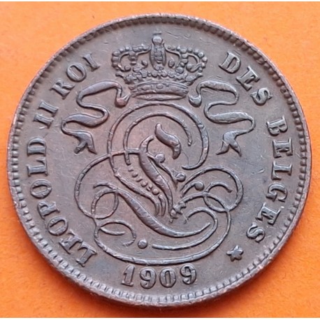 BELGICA 2 CENTIMOS 1909 LEÓN Leyenda DES BELGES Rey LEOPOLDO II KM.35.1 MONEDA DE COBRE MBC++ Belgium 2 Cents