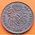 BELGICA 2 CENTIMOS 1909 LEÓN Leyenda DES BELGES Rey LEOPOLDO II KM.35.1 MONEDA DE COBRE MBC++ Belgium 2 Cents