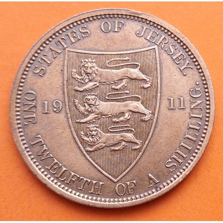 JERSEY 1/12 de SHILLING 1911 REY JORGE V y ESCUDO KM.12 MONEDA DE BRONCE MBC+ Balwick of Jersey