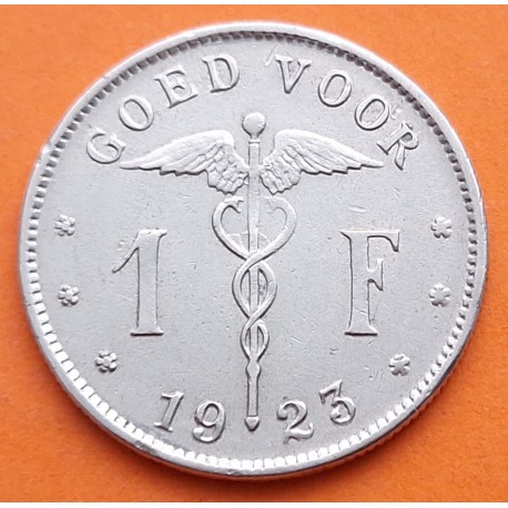 BELGICA 1 FRANCO 1923 ALEGORIA FEMENINA Rey ALBERTO I Leyenda GOED VOOR KM.90 MONEDA DE NICKEL EBC Belgium