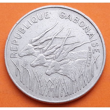 GABON 100 FRANCOS 1975 TRES ANTILOPES KM.13 MONEDA DE NICKEL MBC Africa Republique Gabonaise