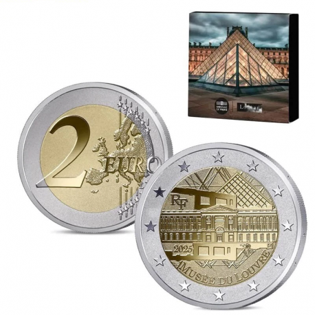 . 1 aaaaaacoin @PROOF INVERSO - ESTUCHE@ FRANCIA 2 EUROS 2025 MUSEO DEL LOUVRE 1ª MONEDA CONMEMORATIVA France INVERSE