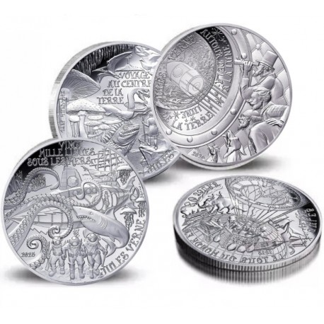 . 1 aaaacoin 4 MONEDAS x FRANCIA 10 EUROS 2025 AÑO DE JULIO VERNE El Arte de la Pluma PLATA ESTUCHE Tirada 3.000