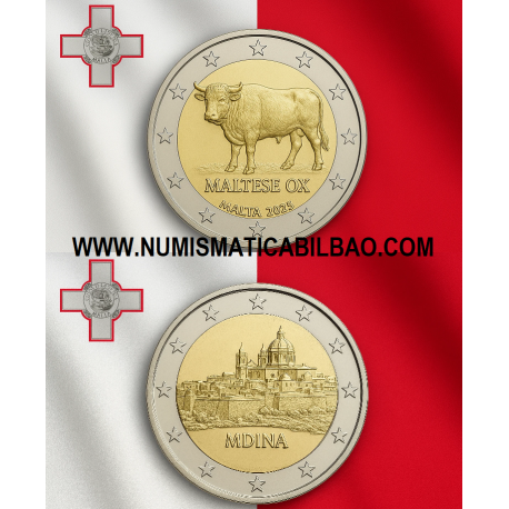 . 1 aaaaaaaaacoin @11/JUNIO Envío@ MALTA 2 EUROS 2025 BUEY + CIUDADELA DE MDINA **NO ESTUCHE** 2 MONEDAS CONMEMORATIVAS