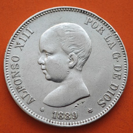 ESPAÑA 5 PESETAS 1889 * 18 89 MPM REY ALFONSO XIII KM.689 MONEDA DE PLATA (DURO) Spain silver R/1