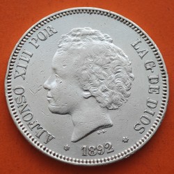 ESPAÑA 5 PESETAS 1892 * 18 92 PGM REY ALFONSO XIII tipo "RIZOS" KM.700 MONEDA DE PLATA (DURO) Spain silver R/5