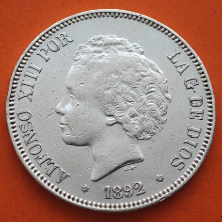 ESPAÑA 5 PESETAS 1892 * 18 92 PGM REY ALFONSO XIII tipo "RIZOS" KM.700 MONEDA DE PLATA (DURO) Spain silver R/5