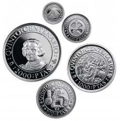 . 5 monedas x ESPAÑA V CENTENARIO 100+200+500+1000+2000 PESETAS 1989 FDC PLATA 1ª Serie 5 Valores 1,50 ONZAS