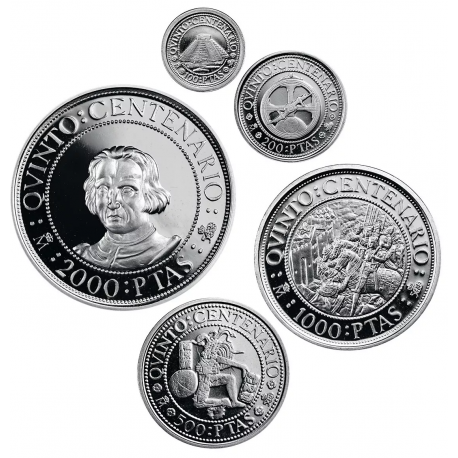 . 5 monedas x ESPAÑA V CENTENARIO 100+200+500+1000+2000 PESETAS 1989 FDC PLATA 1ª Serie 5 Valores 1,50 ONZAS