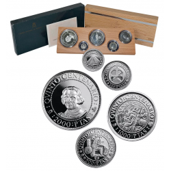 ESPAÑA V CENTENARIO 100+200+500+1000+2000 PESETAS 1989 PLATA PROOF 1ª SERIE 5 VALORES QUINTO ESTUCHE y CERTIFICADO