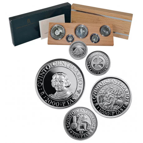 ESPAÑA V CENTENARIO 100+200+500+1000+2000 PESETAS 1989 PLATA PROOF 1ª SERIE 5 VALORES QUINTO ESTUCHE y CERTIFICADO