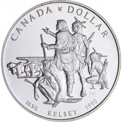 CANADA 1 DOLAR 1990 EXPLORADOR HENRY KELSEY e INDIO NATIVO KM.170 MONEDA DE PLATA PROOFLIKE $1 Silver Dollar
