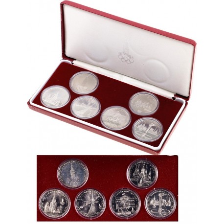 . 6 monedas @ESTUCHE OFICIAL@ RUSIA 1 RUBLO 1977 + 1978 + 1979 + 1980 OLIMPIADA DE MOSCU CCCP NICKEL @LUJO@ URSS Russia Rouble