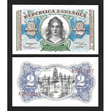 . 1 Billete NUEVO x ESPAÑA 2 PESETAS 1938 MINISTERIO DE HACIENDA - REPUBLICA ESPAÑOLA Serie A Pick 95 SC