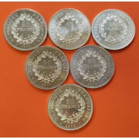 . 6 Monedas x FRANCIA 50 FRANCOS 1974 1975 1976 1977 1978 1979 HERCULES KM.941.1 PLATA EBC/SC silver 5,22 Onzas