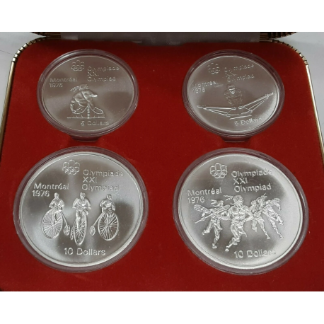 @4,32 ONZAS PLATA PURA@ 4 monedas x CANADA 5 DOLARES 1974 + 10 DOLARES 1974 OLIMPIADA DE MONTREAL 1976 SC Estuche SILVER SET