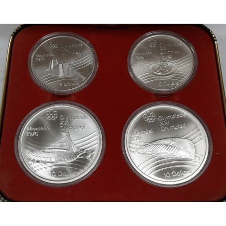 @4,32 ONZAS PLATA PURA@ 4 monedas x CANADA 5 DOLARES 1976 + 10 DOLARES 1976 OLIMPIADA DE MONTREAL 76 SC Estuche SILVER SET
