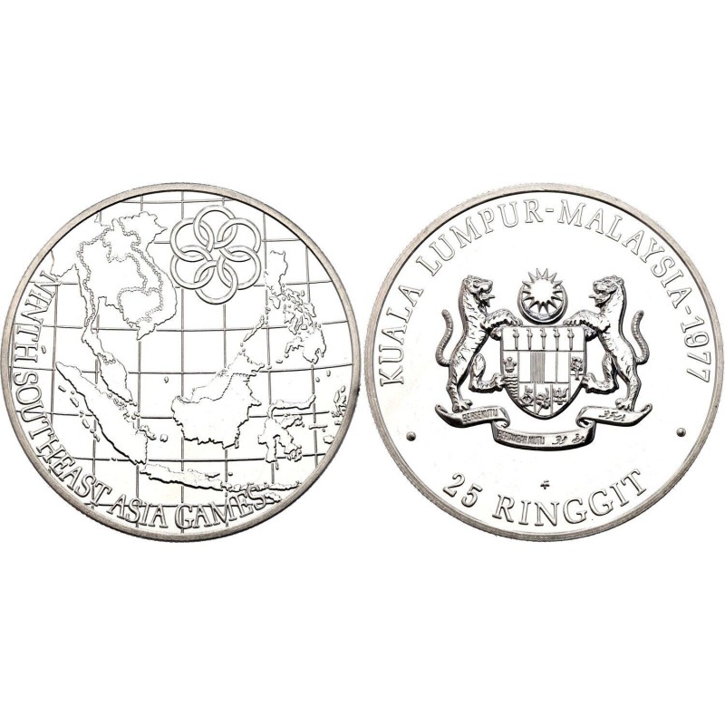 MALASIA 25 RINGGIT 1977 SOUTHEAST ASIAN GAMES KM.23 MONEDA DE PLATA PROOF 1,04 Onzas silver MALAYSIA