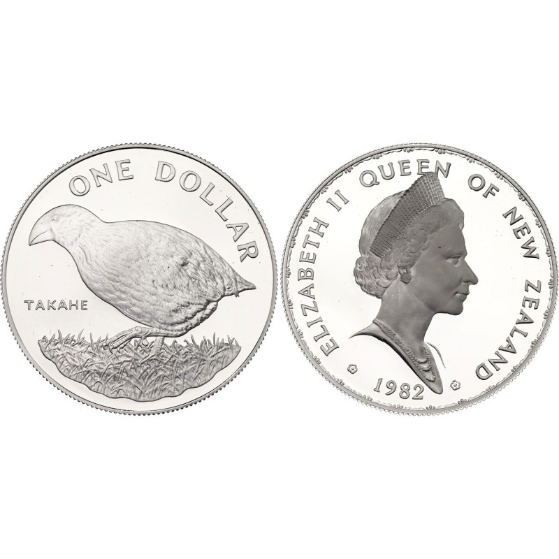 NUEVA ZELANDA 1 DOLAR 1982 PAJARO TAKAHE e ISABEL II KM.51.A MONEDA DE PLATA PROOF New Zealand