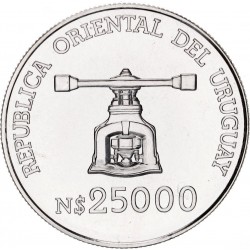 URUGUAY 25000 NUEVOS PESOS 1992 BANCO CENTRAL - PRESA DE ACUÑAR KM.101 MONEDA DE PLATA SC 33 mm