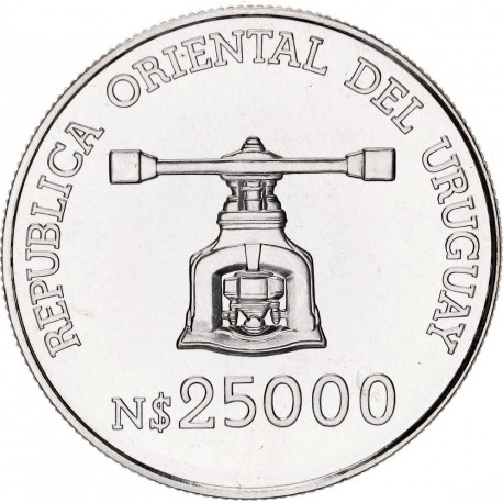 URUGUAY 25000 NUEVOS PESOS 1992 BANCO CENTRAL - PRESA DE ACUÑAR KM.101 MONEDA DE PLATA SC 33 mm