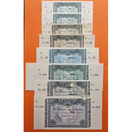 . @MUY RAROS@ BILBAO EUZKADI 5A+5+10+25+50+100+500+1000 PESETAS 1937 Guerra Civil 8 BILLETES SC + MATRIZ ORIGINAL EUSKADI