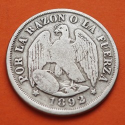 @ESCASA@ CHILE 20 CENTAVOS 1892 CONDOR y ESCUDO Ceca de SANTIAGO So KM.138.4 MONEDA DE PLATA silver coin