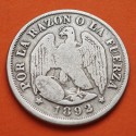 @ESCASA@ CHILE 20 CENTAVOS 1892 CONDOR y ESCUDO Ceca de SANTIAGO So KM.138.4 MONEDA DE PLATA silver coin