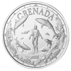. 1 aaaaaaacoin GRANADA 2 DOLARES 2024 BUCEO CON TIBURONES MONEDA DE PLATA Oz ONZA EASTERN CARIBBEAN CENTRAL BANK Grenada