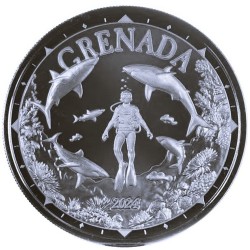 . 1 aaaaaaaacoin GRANADA 2 DOLARES 2024 BUCEO CON TIBURONES MONEDA DE PLATA Oz ONZA EASTERN CARIBBEAN CENTRAL BANK Grenada