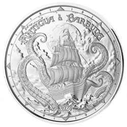 . 1 aaaaaaacoin ANTIGUA y BARBUDA 2 DOLARES 2024 BARCO PIRATA y EL KRAKEN MONEDA DE PLATA Oz ONZA EASTERN CARIBBEAN