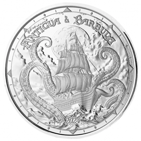 . 1 aaaaaaacoin ANTIGUA y BARBUDA 2 DOLARES 2024 BARCO PIRATA y EL KRAKEN MONEDA DE PLATA Oz ONZA EASTERN CARIBBEAN
