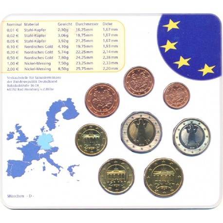 ALEMANIA CARTERA OFICIAL EURO 2002 D BU SET 1 Céntimo a 2 EUROS 2002 Letra D BRD KMS EUROSET