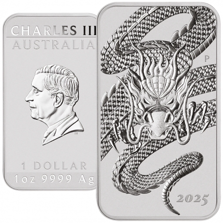 . 1 aaaaaaaacoin @4/JULIO Envío@ AUSTRALIA 1 DOLAR 2025 DRAGON - CARLOS III Forma de LINGOTE MONEDA PLATA ONZA OZ