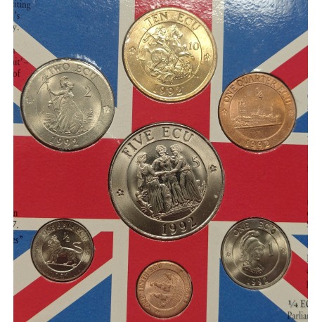 1992 UNITED KINGDOM ECU SET Blister Estuche 1/10 + 1/4 + 1/2 ECU y 1 + 2 + 5 + 10 ECU 1992 NICKEL COBRE LATÓN