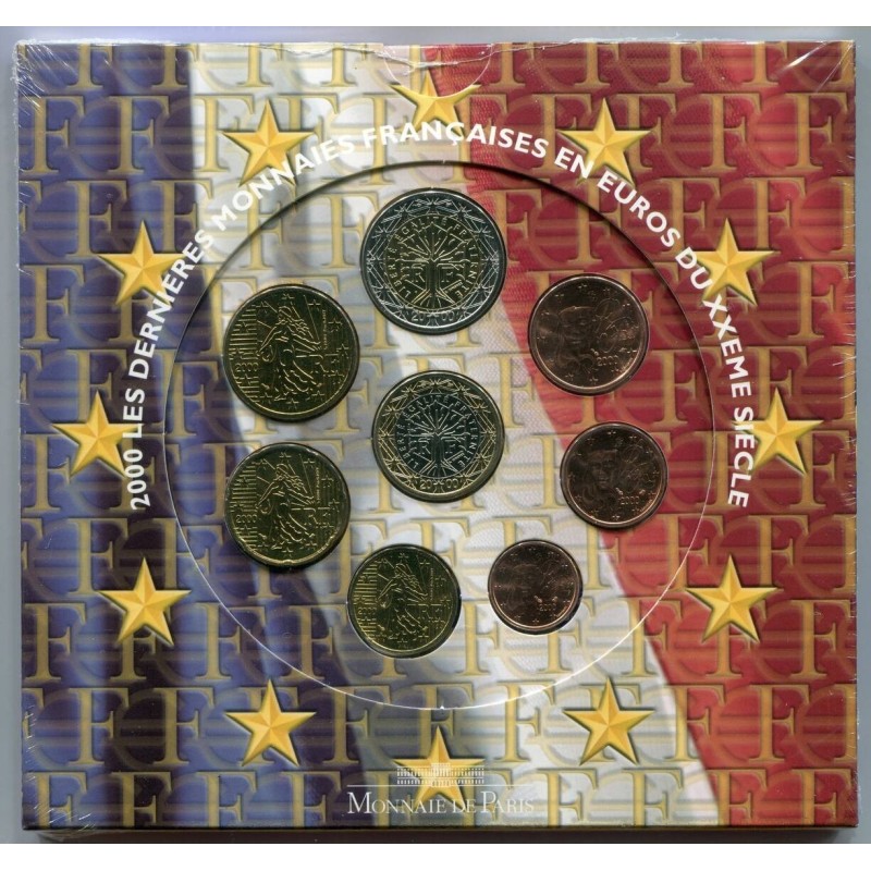 . @FOTOS PÁTINA OSCURA@ FRANCIA CARTERA OFICIAL EUROS 2000 SC 1 CÉNTIMO a 2 EUROS 2000 SET BU 8 MONEDAS