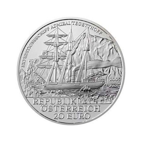 AUSTRIA 20 EUROS 2005 BARCO EXPEDICIÓN POLAR TEGETTHOFF KM.3126 MONEDA DE PLATA ESTUCHE Österreich