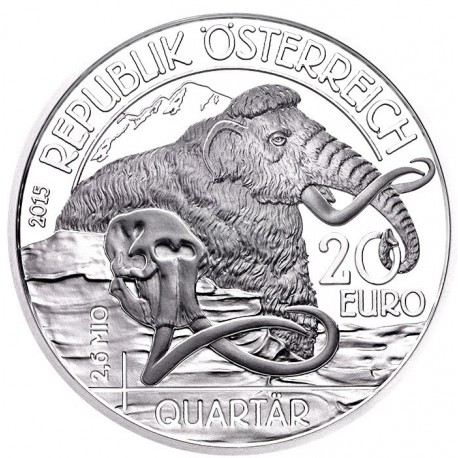 AUSTRIA 20 EUROS 2015 CAZA DEL MAMUT QUARTAR MONEDA DE PLATA ESTUCHE y CERTIFICADO Österreich silver CUATERNARIO