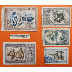 EUSKADI 5+10+25+50+100 PESETAS 1937 BILBAO Juego de 5 BILLETES CIRCULADOS Guerra Civil 1936 EUZKADI R/1