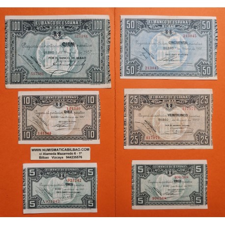 6 billetes x EUSKADI 5A+5+10+25+50+100 PESETAS 1937 BILBAO Guerra Civil 1936 España EUZKADI R/4