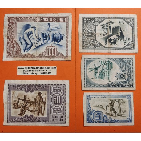 EUSKADI 5+10+25+50+100 PESETAS 1937 BILBAO Serie completa de 5 BILLETES Guerra Civil 1936 EUZKADI R/2