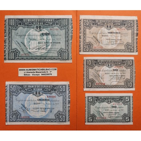 EUSKADI 5+10+25+50+100 PESETAS 1937 BILBAO Serie completa de 5 BILLETES MBC+ Guerra Civil 1936 EUZKADI R/3